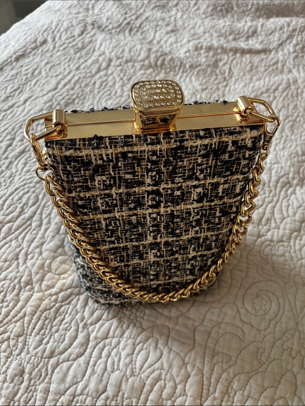 Gold-Chain Black, Navy & White Tweed Evening Bag